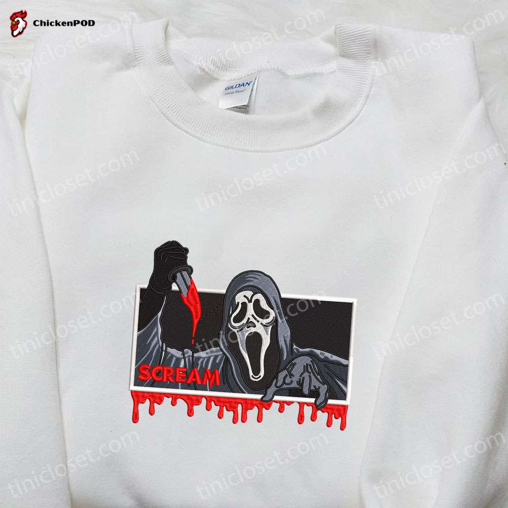 Get Spooked with Ghostface Scream Embroidered Sweatshirt & Spirit Halloween T-shirts – Shop Now for Spooky Shirts!