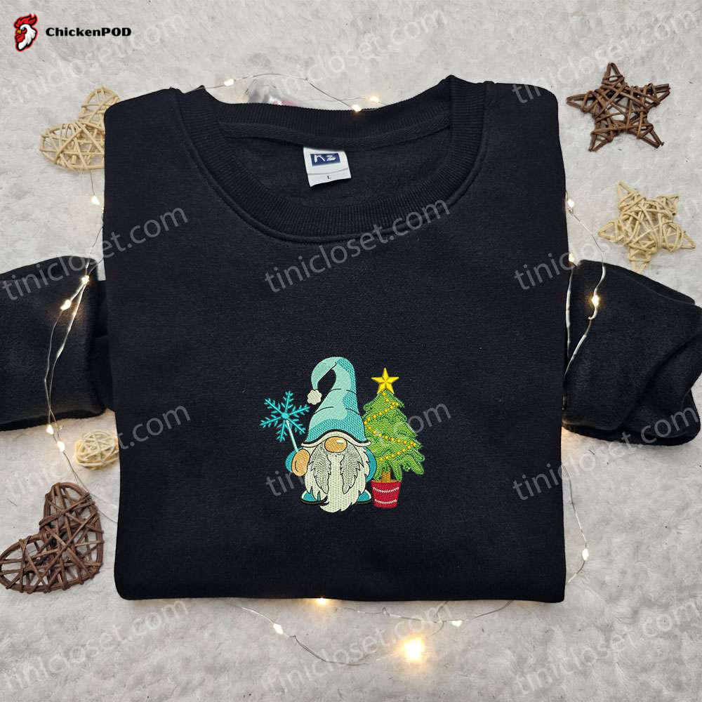 Gnome With Christmas Tree Embroidered T-shirt – Best Holiday Gift Idea