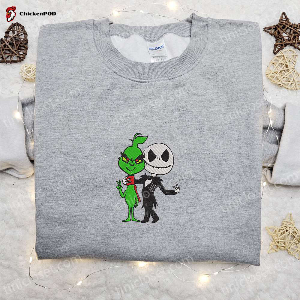 Grinch & Jack Skellington Embroidered Sweatshirt: Halloween Hoodie for Best Christmas Gift Ideas