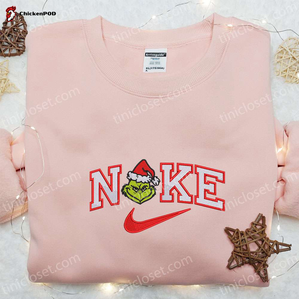 Grinch With Pink Coffee Cup x Nike Embroidered Shirt – Christmas Sweatshirt Perfect Family Gifts