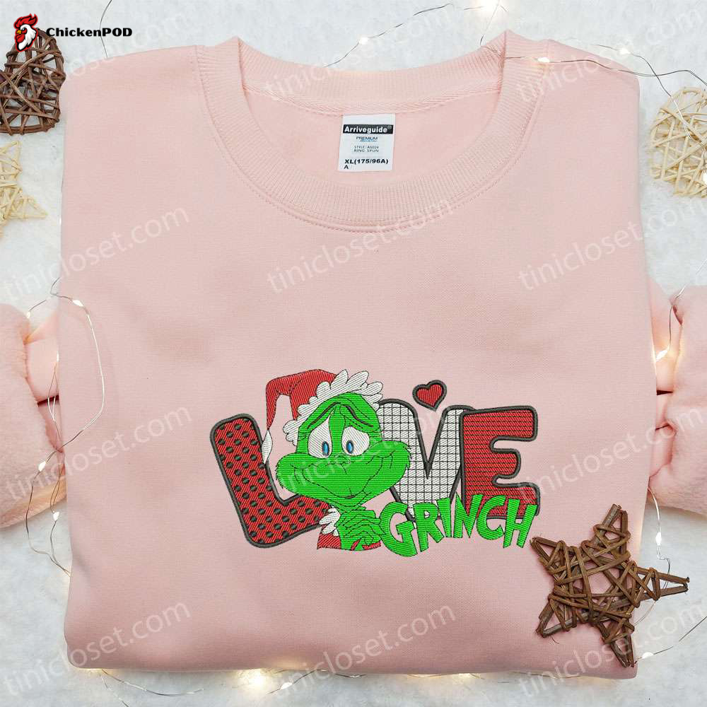 Get Festive with Grinch Love Embroidered Shirt Cartoon Hoodie & Christmas Shirt – Perfect Holiday Attire!