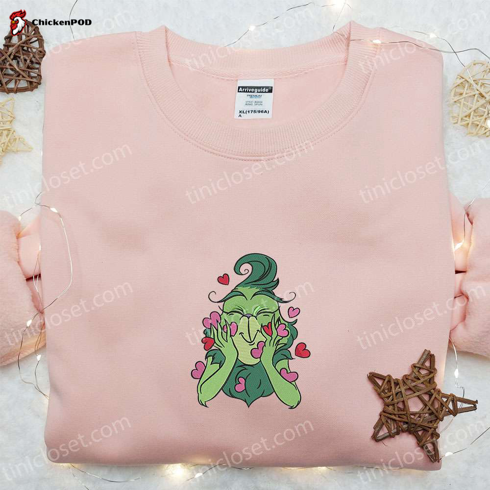 Grinch Love Hearts Christmas Embroidered Shirt & Hoodie – Festive Cartoon Apparel