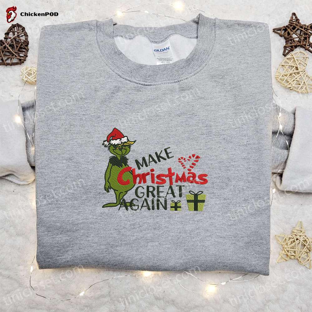 Grinch Trump Embroidered Sweatshirt: Make Christmas Great Again! Fun Movie Shirt Perfect Christmas Day Gift