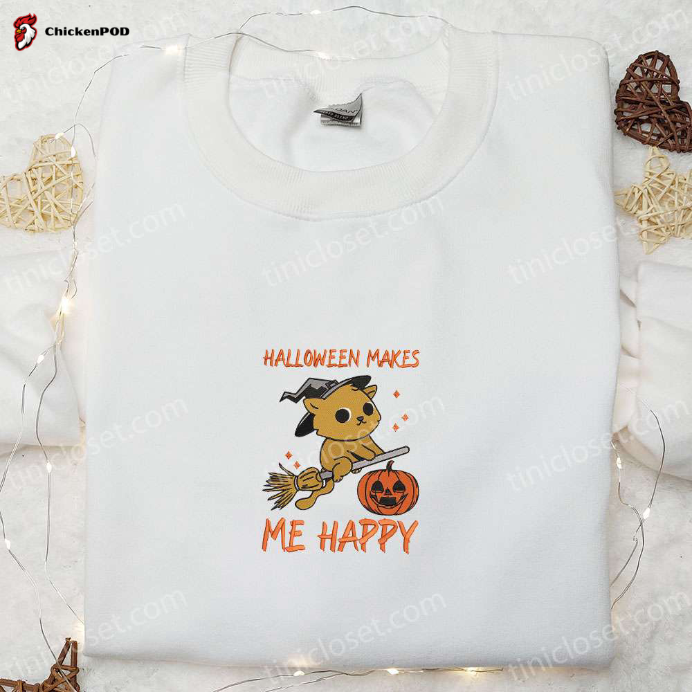 Halloween Makes Me Happy Witch Cat Embroidered Shirt – Cute & Best Halloween Shirt Ideas