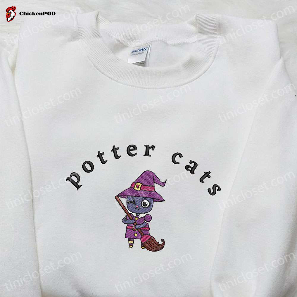 Spooky Halloween Potter Cats Hoodie & T-Shirt: Adorable Embroidered Shirt for Spirit Halloween