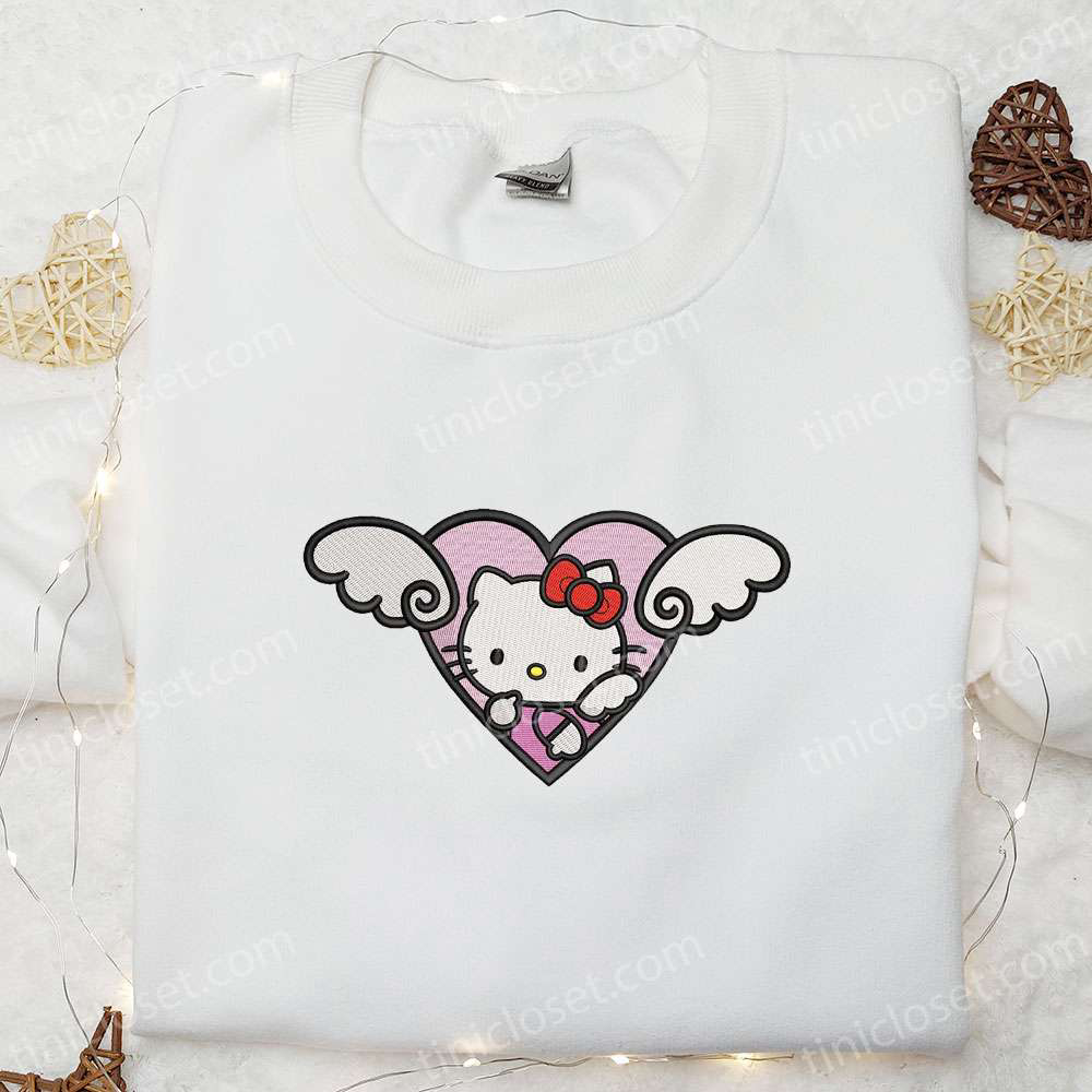 Adorable Hello Kitty Angel Heart Valentine Shirt – Embroidered Design Perfect for Valentine s Day