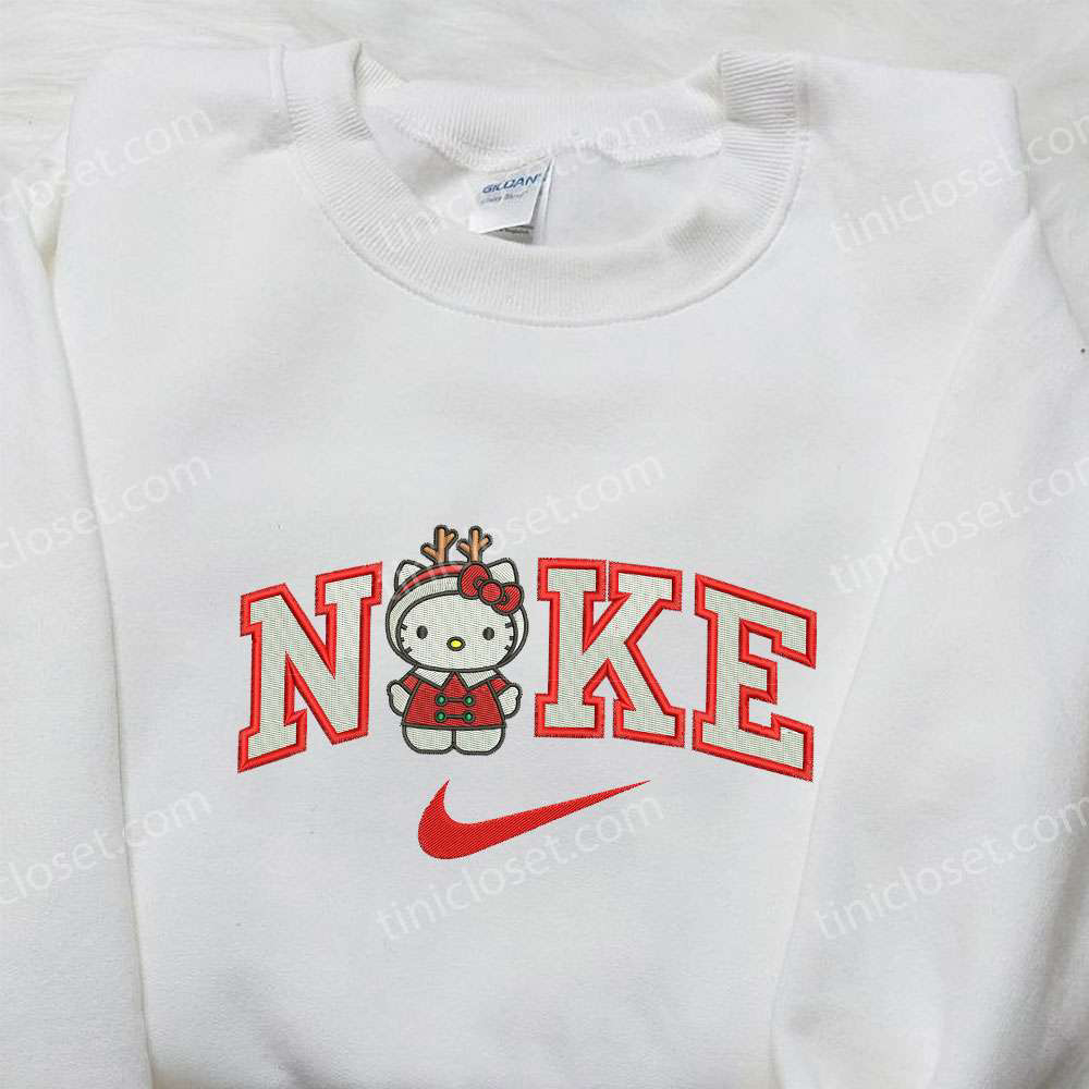 Hello Kitty Christmas Reindeer x Nike Embroidered Shirt – Festive Nike Inspired Sweatshirt Perfect Christmas Gift for Family