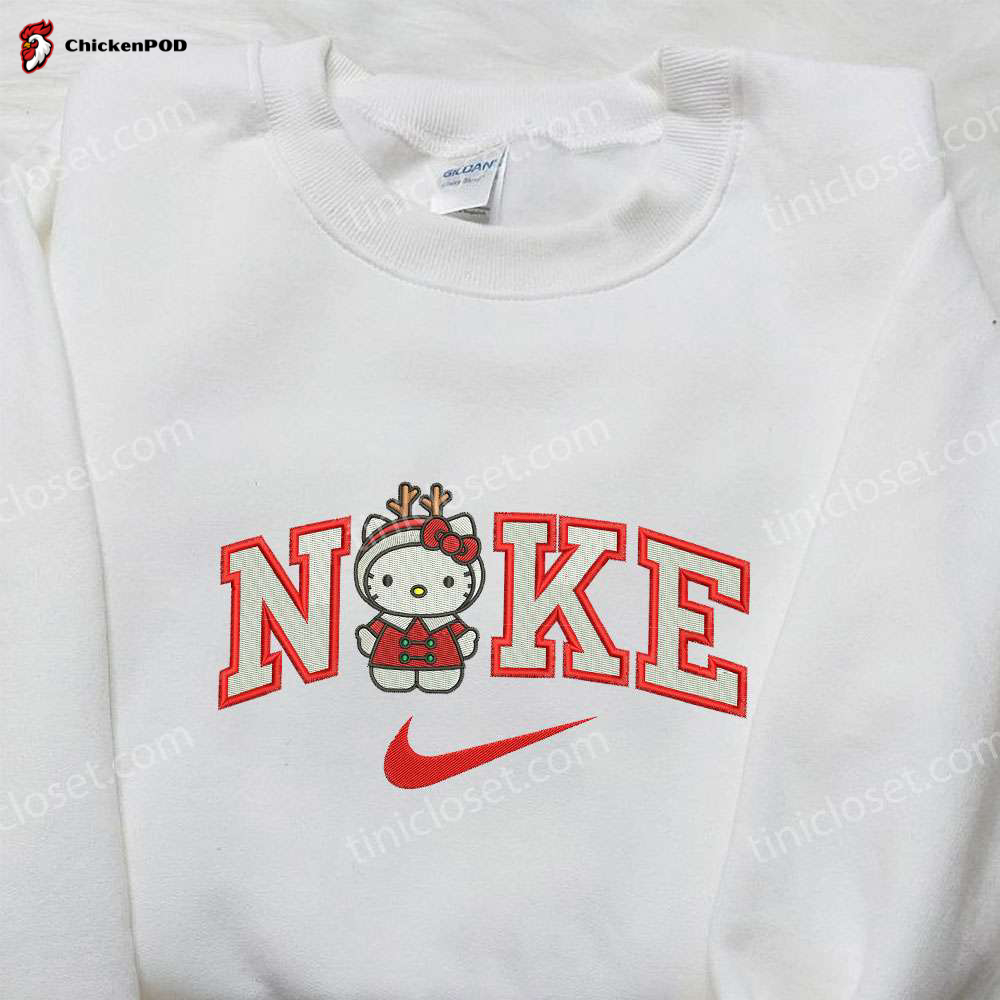 Hello Kitty Christmas Reindeer x Nike Embroidered Shirt – Festive Nike Inspired Sweatshirt Perfect Christmas Gift for Family