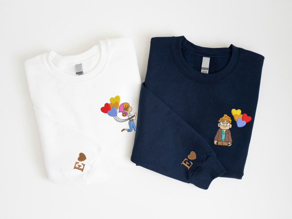 Valentine Couple Sweatshirt: His Ellie and Her Carl Embroidered Cartoon Up Balloon Shirt Pink