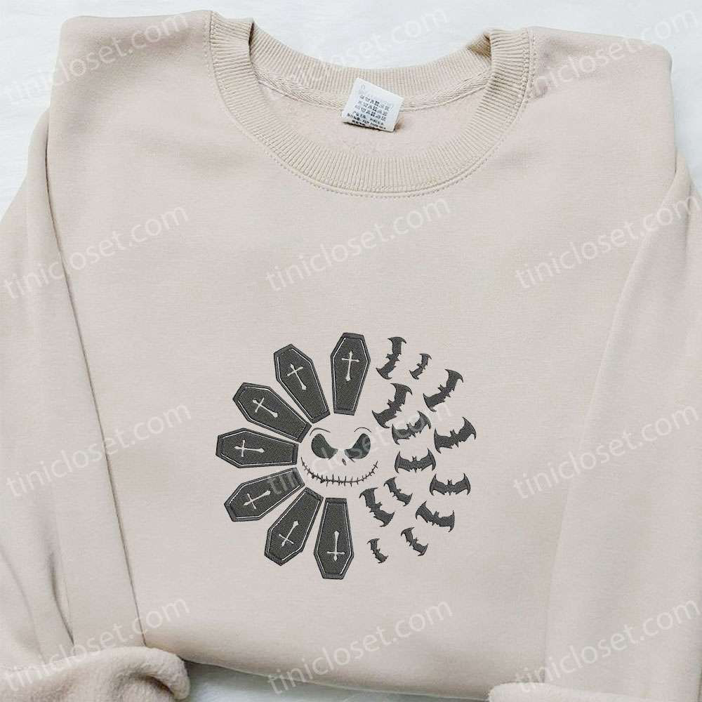 Spooky Delight: Jack Skellington Coffins Bats Embroidered Sweatshirt – Perfect Nightmare Before Christmas Shirt Best Halloween Gift