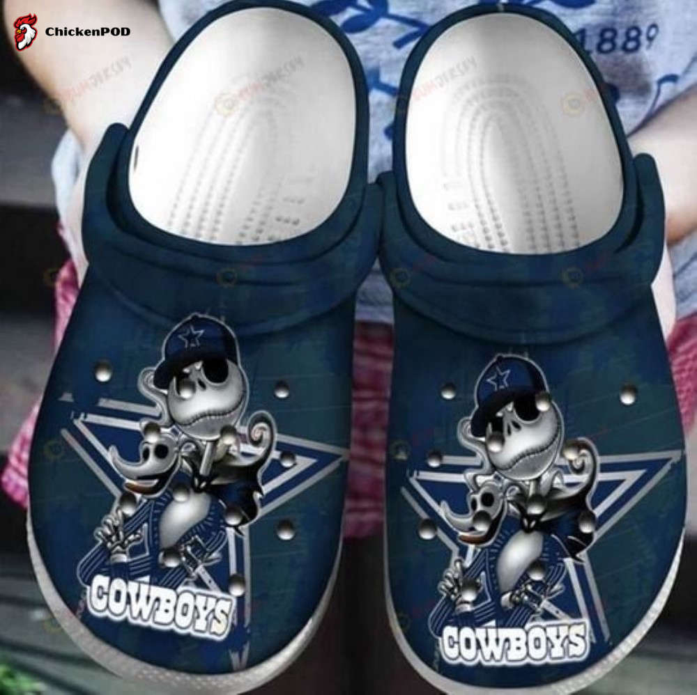 Dallas Cowboys Jack Skellington Pattern Crocs-Slippers Classic Clogs Shoes In Dark Blue