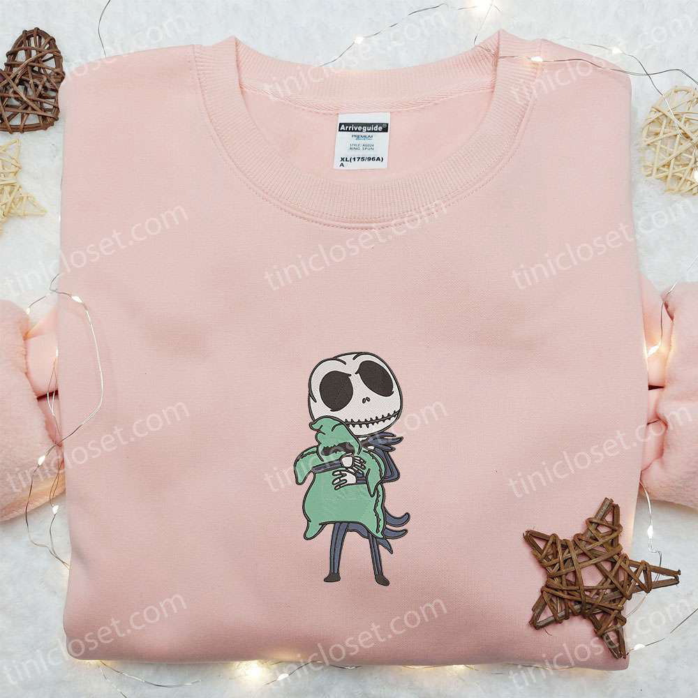 Jack Skellington Hugging Oogie Boogie Embroidered Sweatshirt: Cute Halloween Hoodie Best Gift Idea