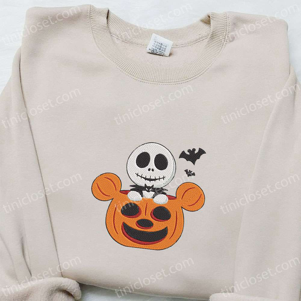 Jack Skellington Mickey Pumpkin Embroidered Sweatshirt: Disney Movie Halloween Gift for Family