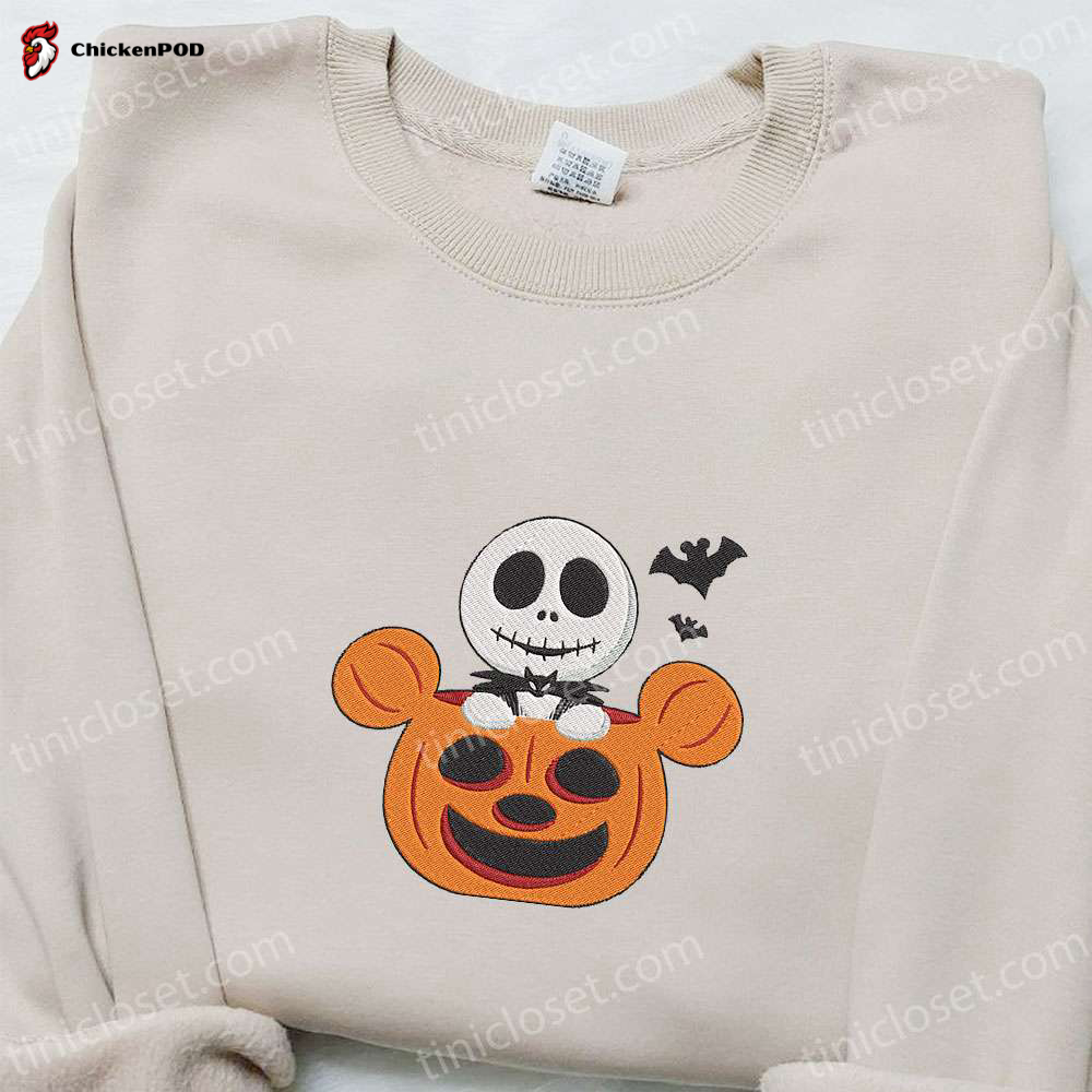 Jack Skellington Mickey Pumpkin Embroidered Sweatshirt: Disney Movie Halloween Gift for Family