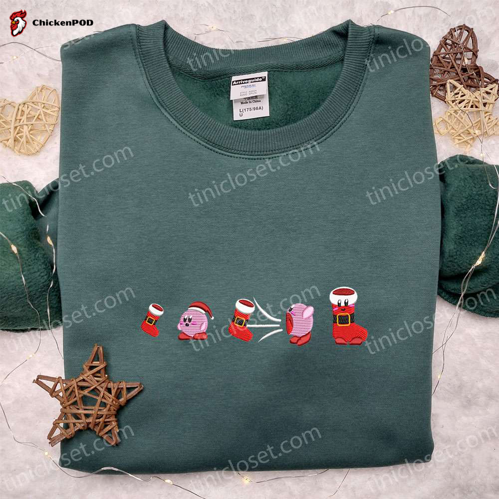 Kirby Embroidered Christmas Shirt Hoodie & Sweatshirt – Festive Game Character Apparel