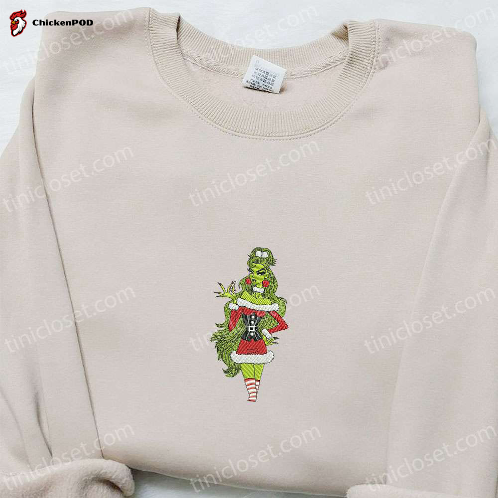 Get Festive with Lady Grinch Embroidered Shirt & Christmas Hoodie: Perfect Family Gifts