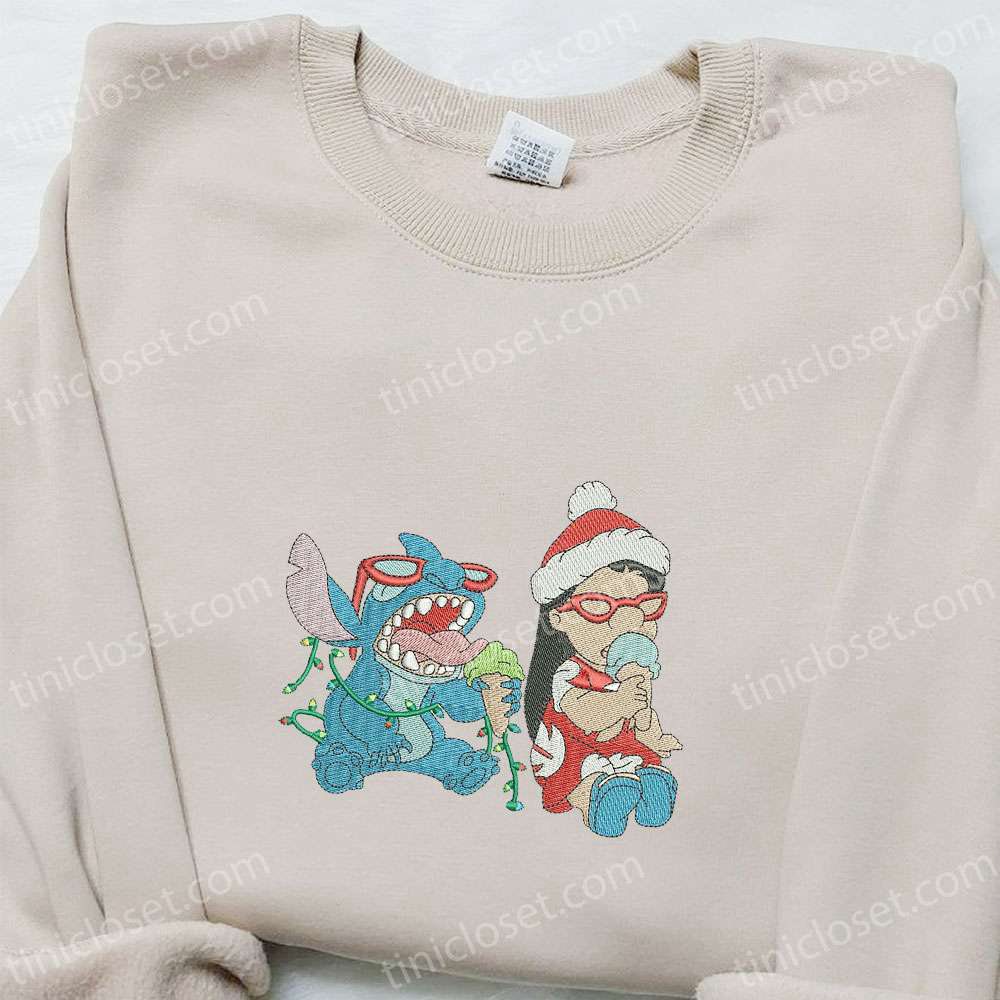 Disney Lilo And Stitch Embroidered Christmas Shirt & Hoodie: Festive Ice-Cream Eating Characters