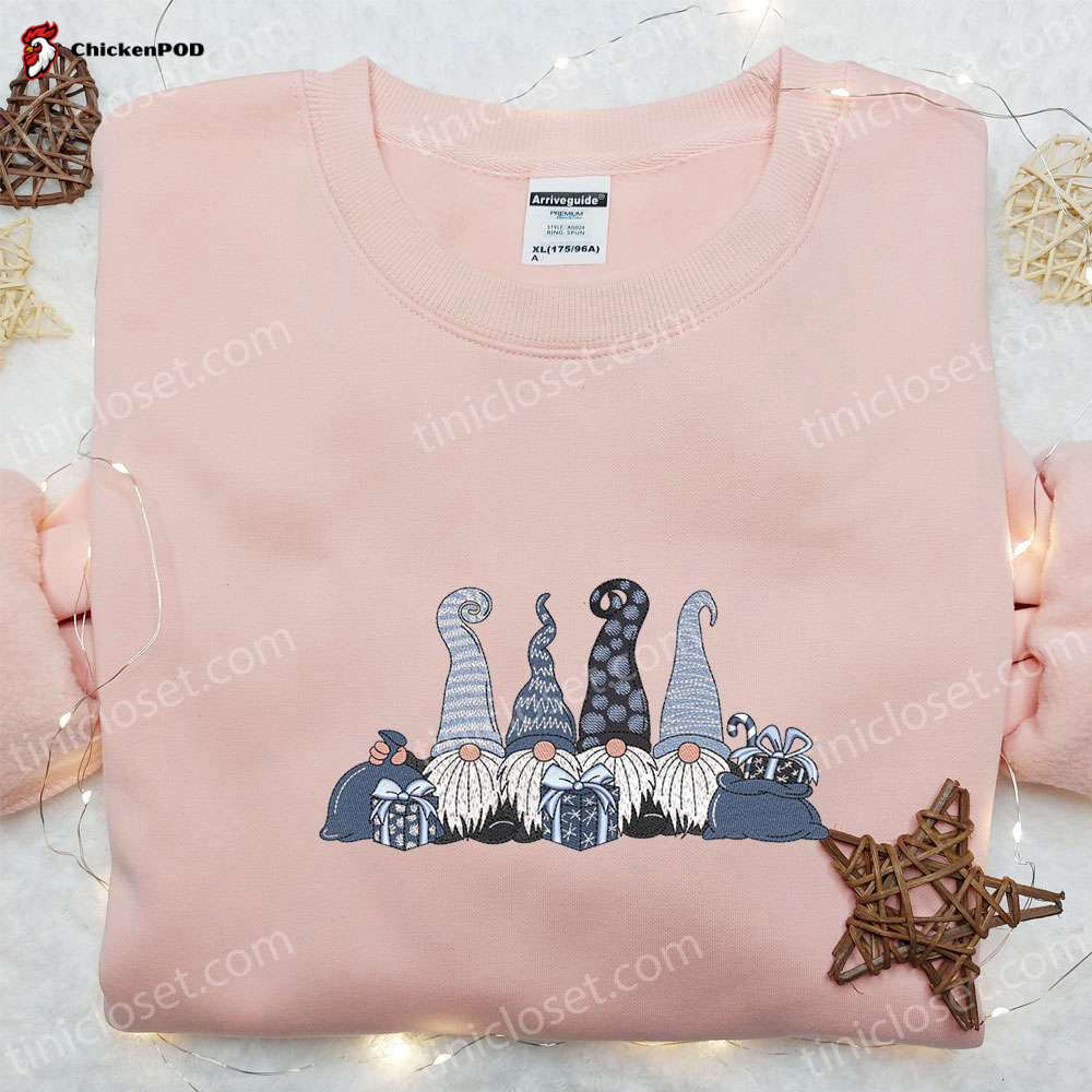 Little Gnomes Embroidered T-Shirt: Cute Christmas Gift Idea with Gifts – Best Christmas Shirt