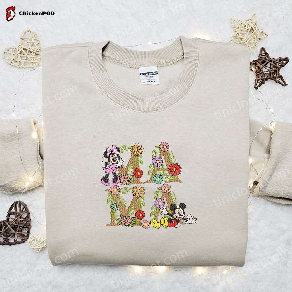 Mama Mickey & Minnie Flowers Embroidered Shirt Disney Characters Hoodie – Perfect Mother’s Day Gift!