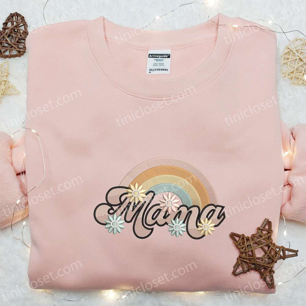 Stylish Mama Pastel Rainbow Embroidered Shirt & Hoodie: Perfect Mother’s Day Gift for Mom