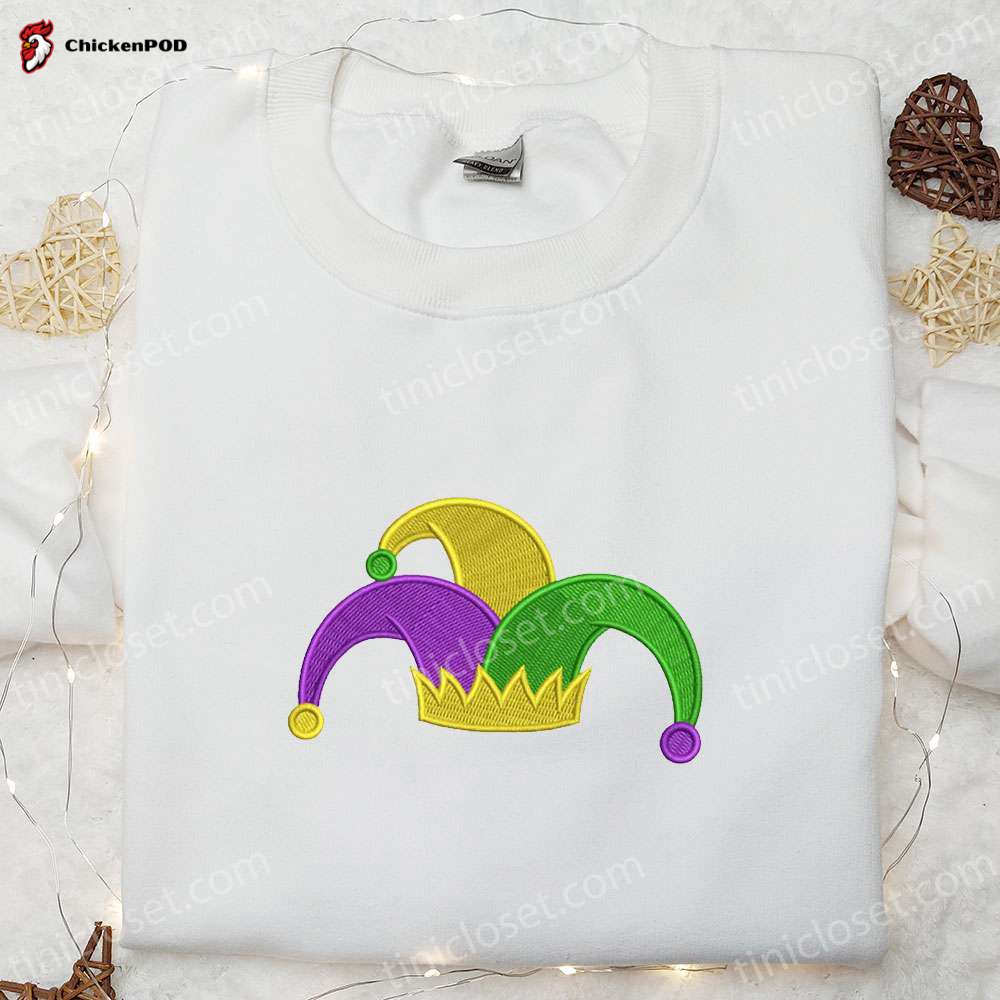 Stylish Mardi Gras Jester Hat Embroidered Shirt & Holiday Hoodie – Perfect Gift Ideas