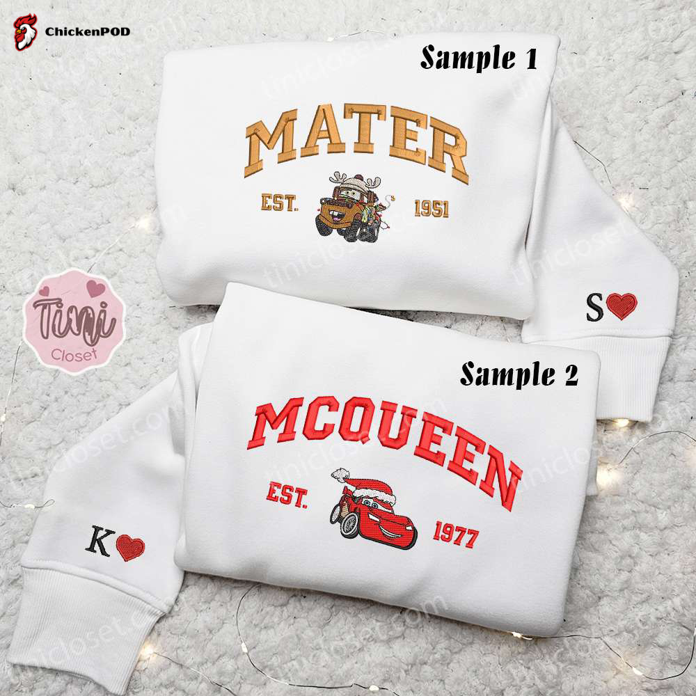 Disney Christmas Embroidered Couple Shirt: Mater and McQueen Characters with Hoodie – Festive Disney Apparel