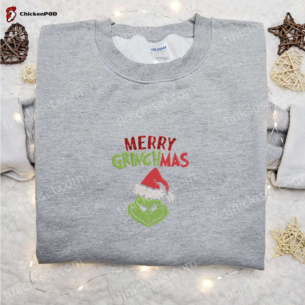 Merry Grinchmas Embroidered Shirt & Hoodie: Best Christmas Gifts for Family