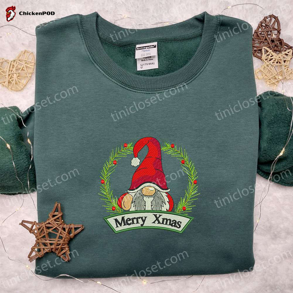 Merry Xmas Gnome Santa Shirt & Hoodie: Best Christmas Gifts for Family – Festive Embroidered Collection!