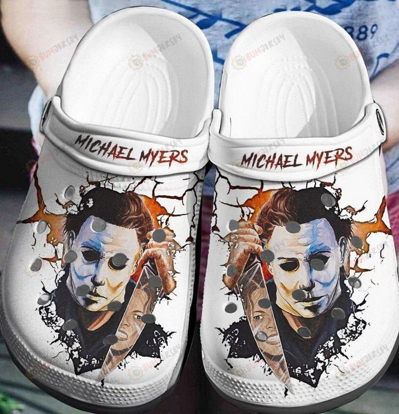 Michael Myers Face Pattern Crocs-Slippers Classic Clogs Shoes In White