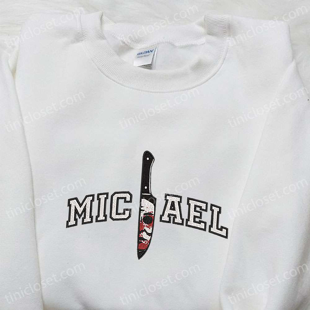 Spooky Embroidered Shirt: Michael Myers & Horror Movie Characters in Knife Design