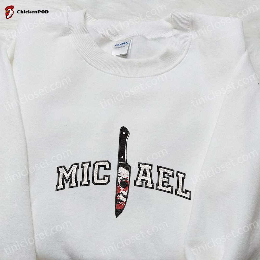 Spooky Embroidered Shirt: Michael Myers & Horror Movie Characters in Knife Design