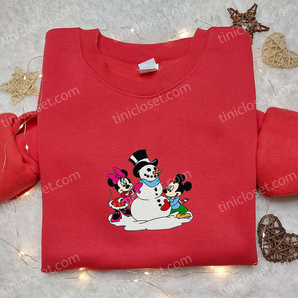 Disney Characters Embroidered Shirt & Hoodie: Perfect Christmas Gifts for Family – Mickey and Minnie Building Snowman Design