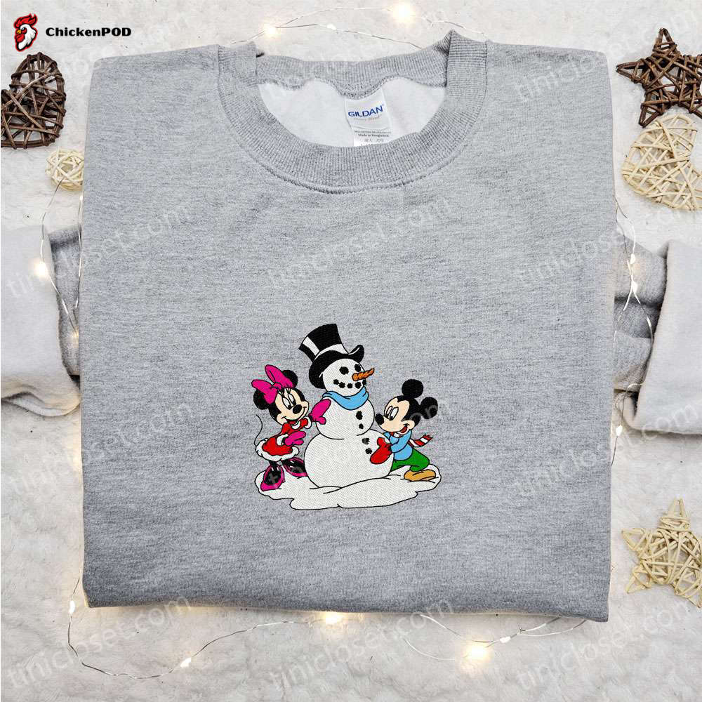 Disney Characters Embroidered Shirt & Hoodie: Perfect Christmas Gifts for Family – Mickey and Minnie Building Snowman Design