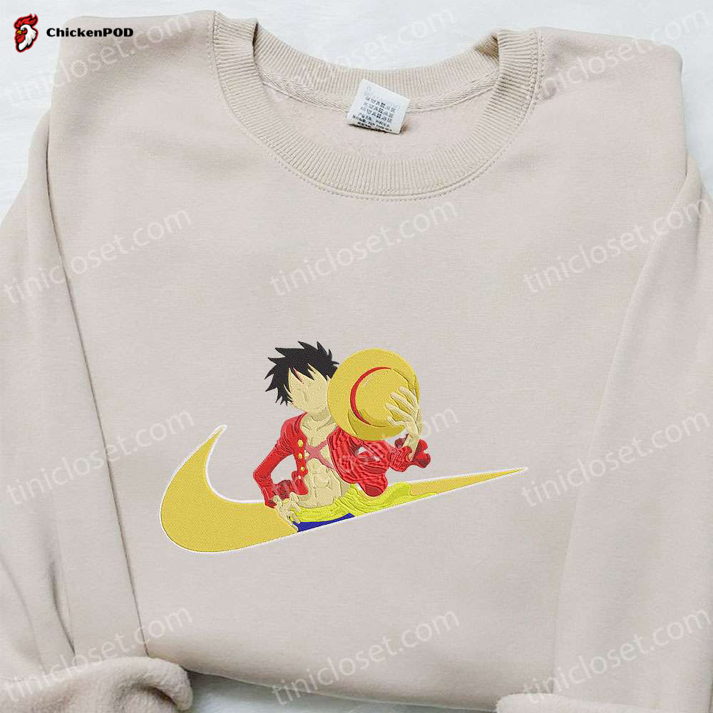 Monkey D Luffy x Swoosh Anime Embroidered Sweatshirt: Nike Inspired Hoodie Perfect Birthday Gift for Family