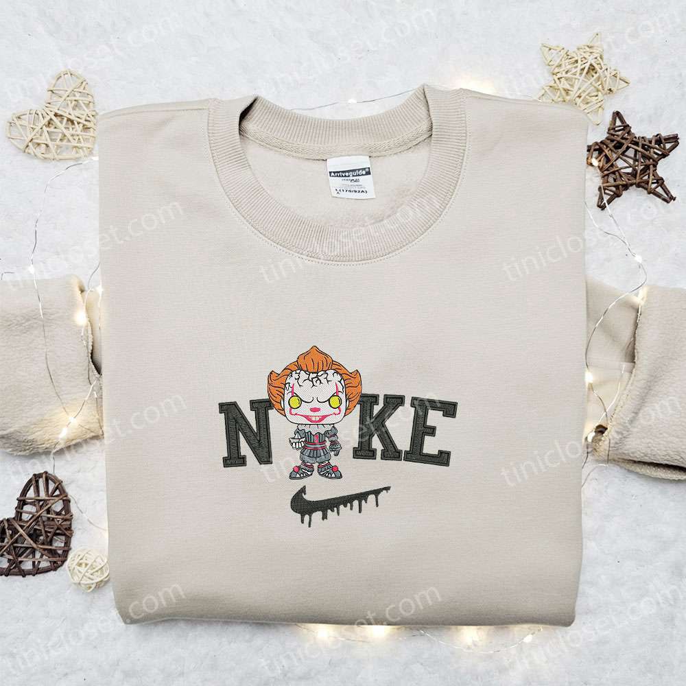 Nike x Chibi Pennywise Embroidered Shirt & Funny Halloween Hoodie – Perfect Gifts for Halloween Lovers!