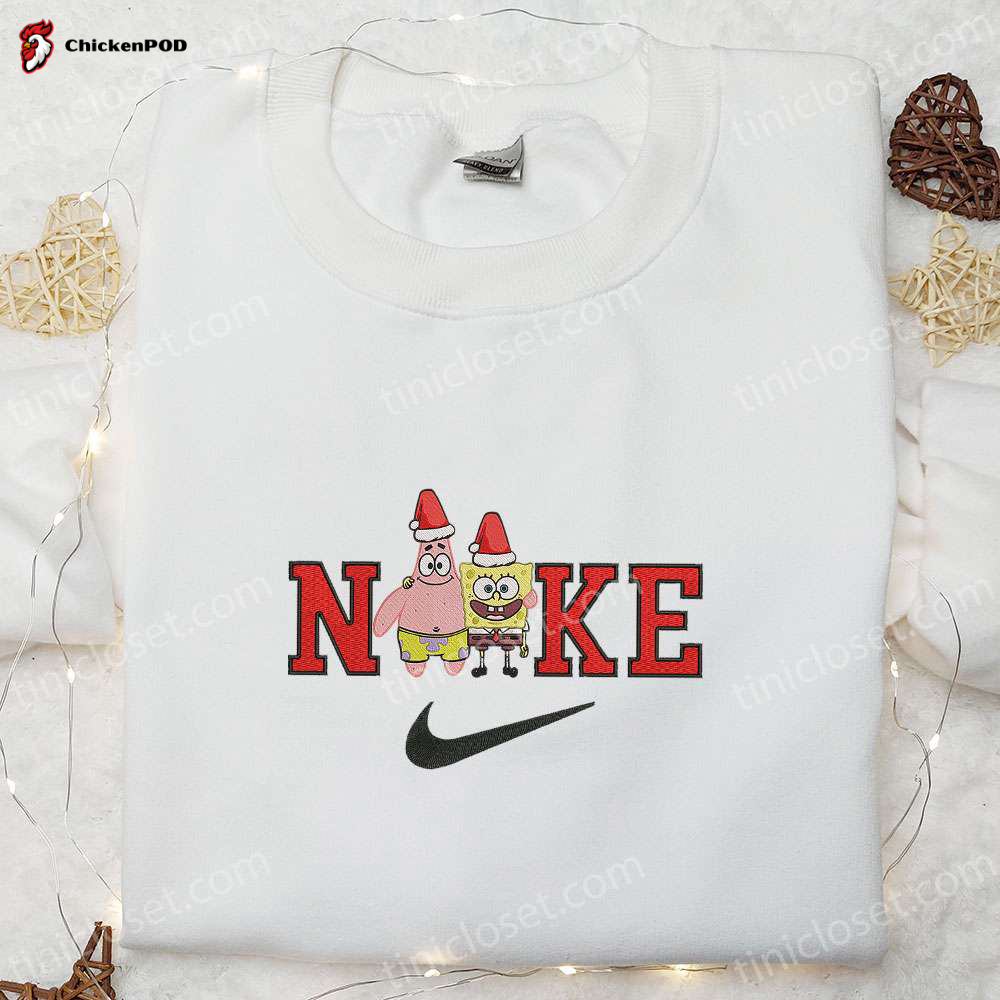 Nike x Christmas Patrick Star & Spongebob Embroidered Shirt & Hoodie: Custom Cartoon Characters T-shirt