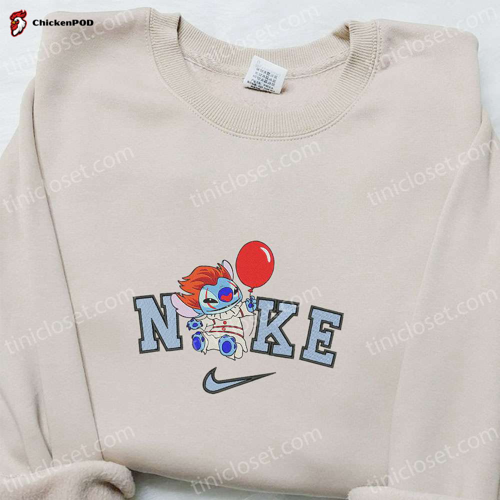 Spooky Nike x Pennywise Stitch Balloon Shirt & Hoodie: Perfect Halloween Gifts for Lovers of Funny Embroidered Apparel!