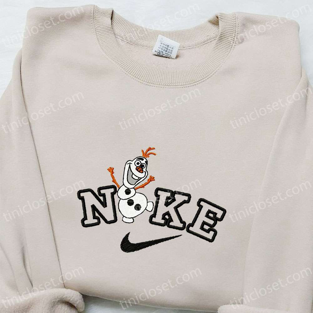 Nike x Olaf Cartoon Embroidered Hoodie & Christmas Shirt – Festive Nike Inspired Embroidered T-shirt