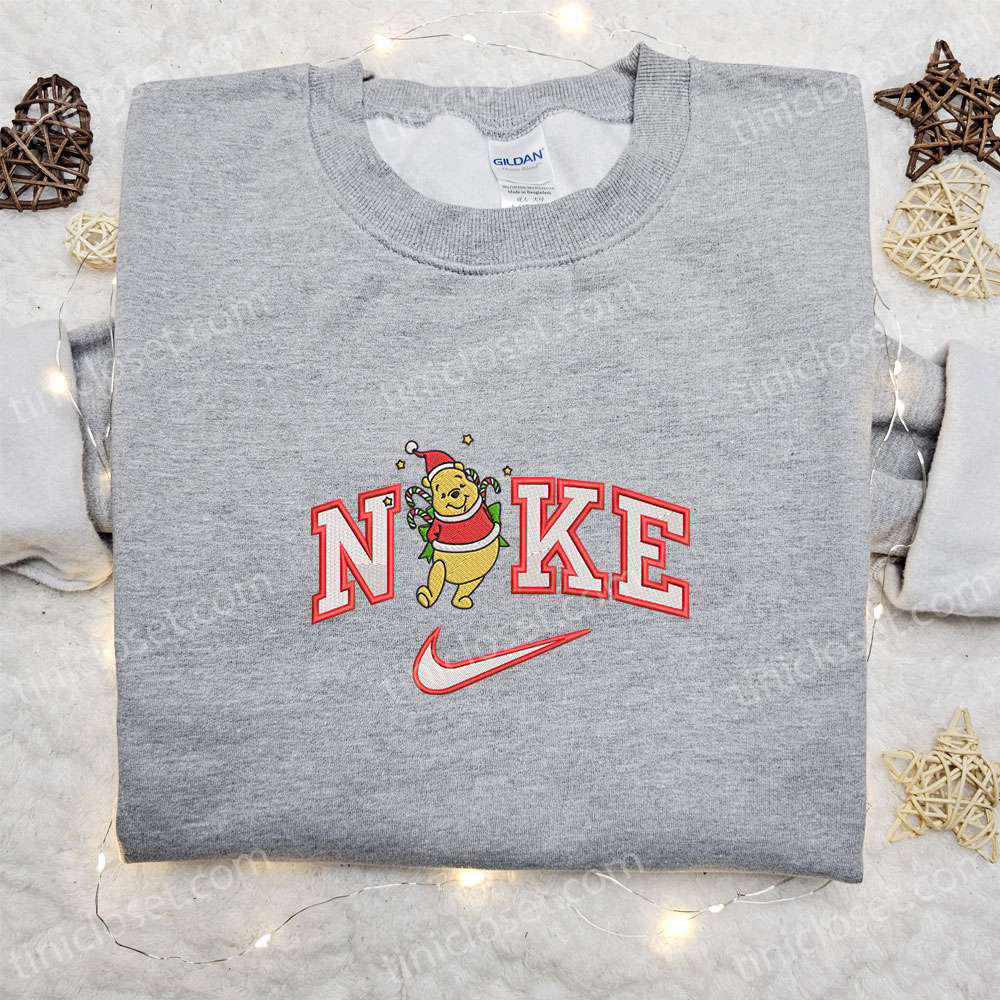 Nike x Pooh Candy Cane Christmas Embroidered Shirt – Festive Winnie The Pooh Disney T-Shirt