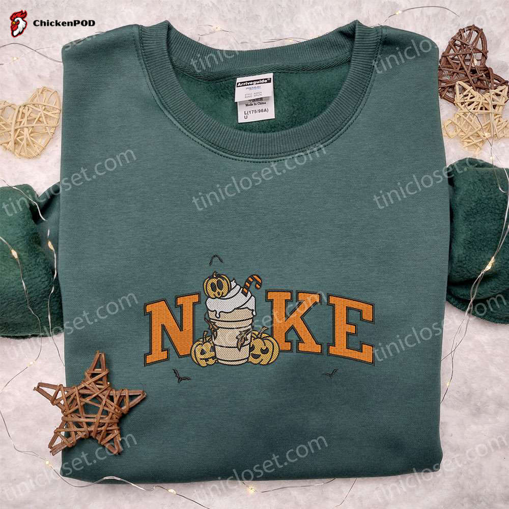 Cute Nike x Pumpkin Halloween Latte Embroidered Shirt: Spooky Style with Nike-Inspired Halloween Design