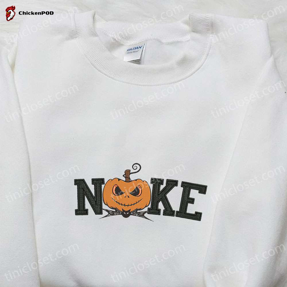 Nike x Pumpkin Jack Skellington Embroidered Shirt: Spooky Style with Nike Inspired Pumpkin Embroidery