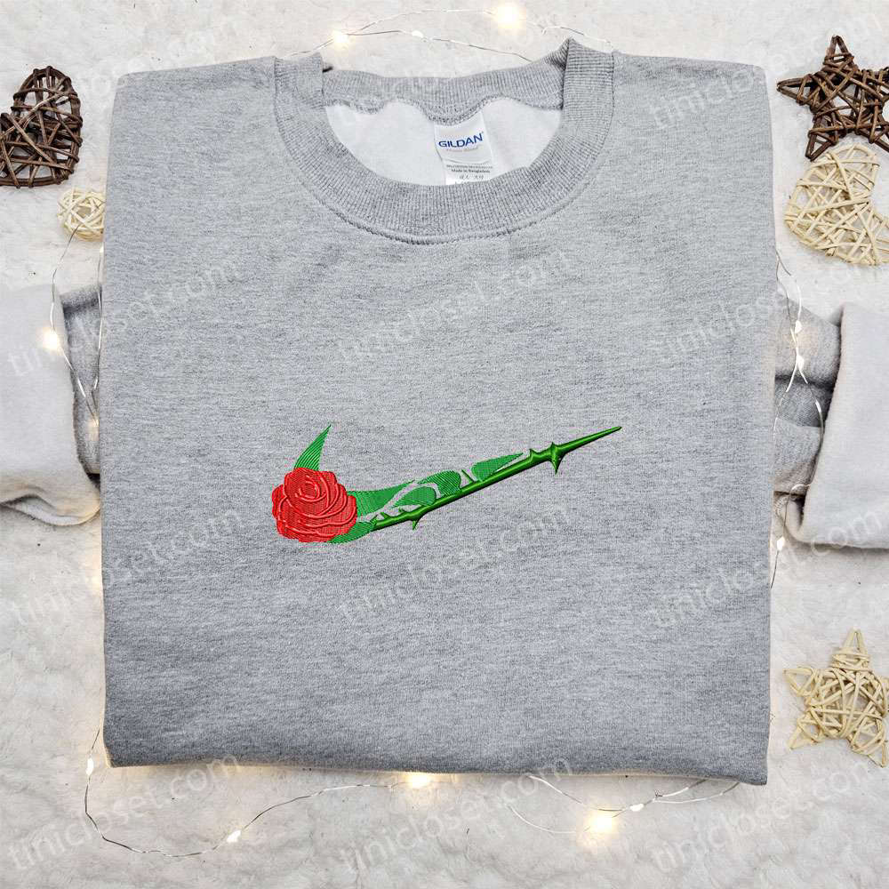 Nike Inspired Rose Flower Embroidered Shirt Custom Sweatshirt & Hoodie: Swoosh Embroidery