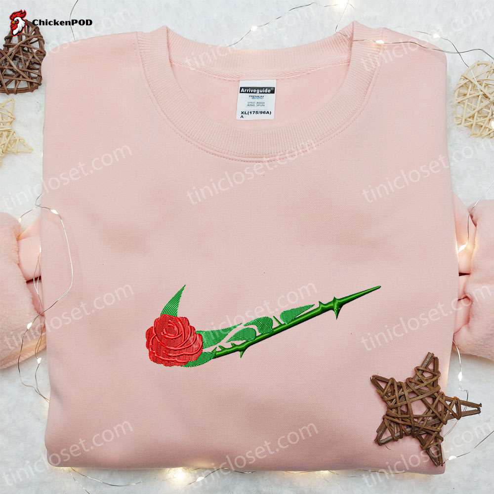 Nike Inspired Rose Flower Embroidered Shirt Custom Sweatshirt & Hoodie: Swoosh Embroidery