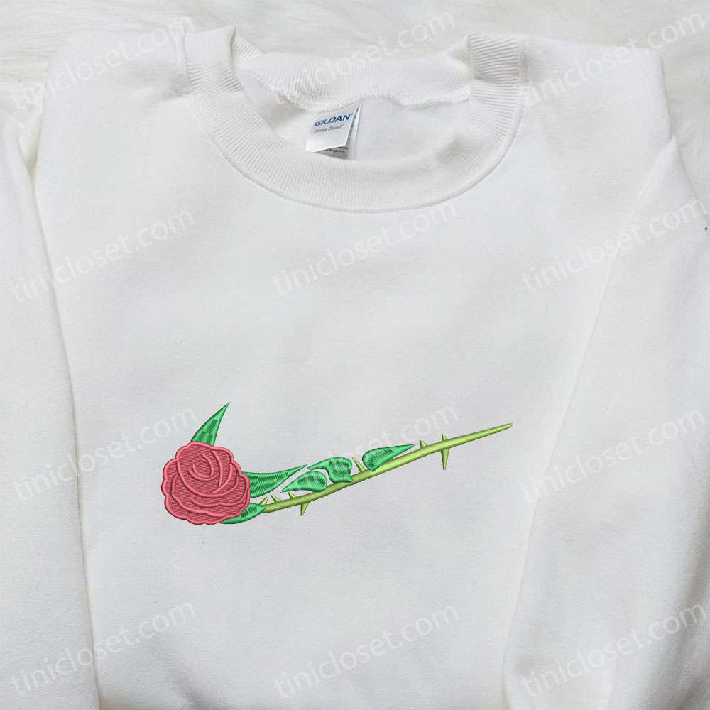 Rose Flower x Swoosh: Custom Nike Inspired Embroidered Sweatshirt – Unique & Stylish Hoodie