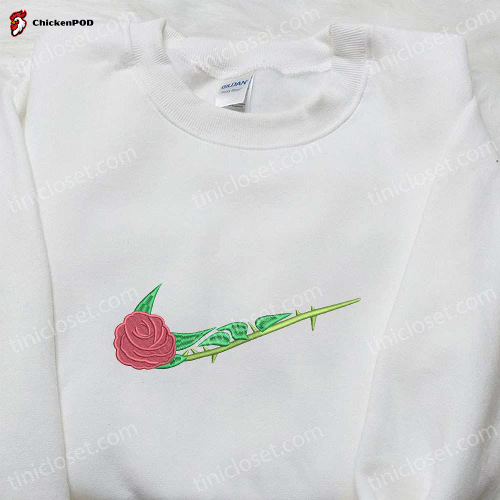 Rose Flower x Swoosh: Custom Nike Inspired Embroidered Sweatshirt – Unique & Stylish Hoodie