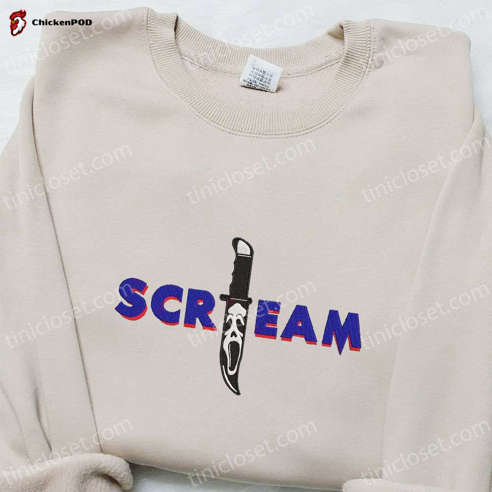 Scream Ghostface Knife Embroidered Shirt – Horror Movie T-shirt – Perfect Family Gift