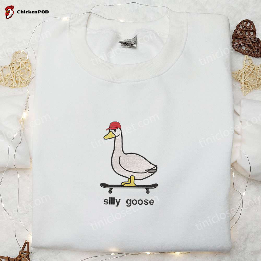 Skateboarding Silly Goose Embroidered Shirt – Animal & Cute Design for Trendy Style