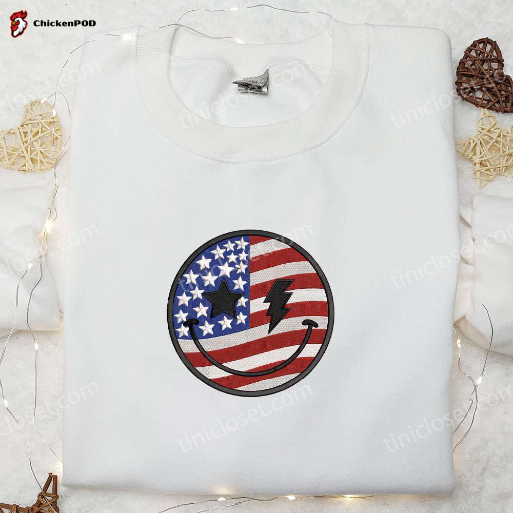 Smile Icon x America Flag Stitch Embroidered Shirt: Celebrate Independence Day with National Day Gifts