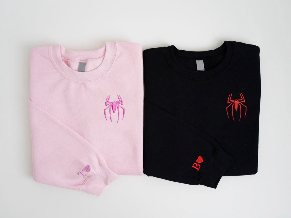 Spider Couple Embroidered Sweater – Trending Cartoon Valentine Sweatshirt Spiderman Crewneck