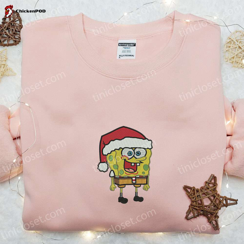 Spongebob Santa Hat Embroidered Shirt & Cartoon Hoodie: Best Christmas Gifts for Family